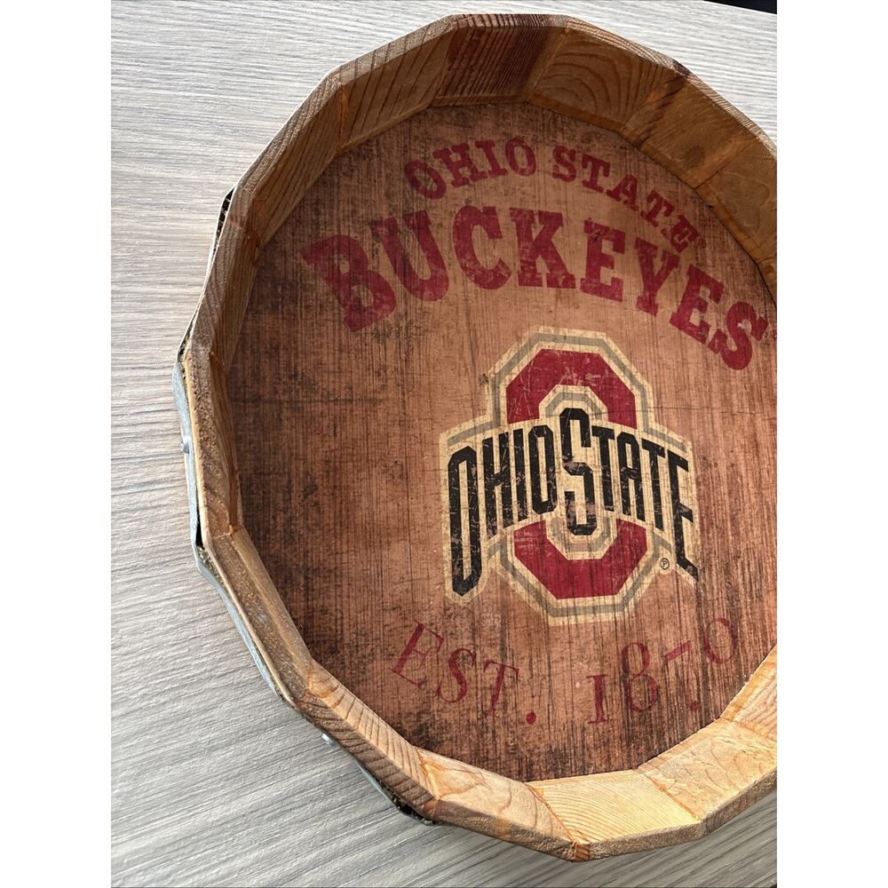 Ohio State Buckeyes Rustic Wooden Barrel Style Serving Tray College Licensed 16” - Picture 7 of 7
